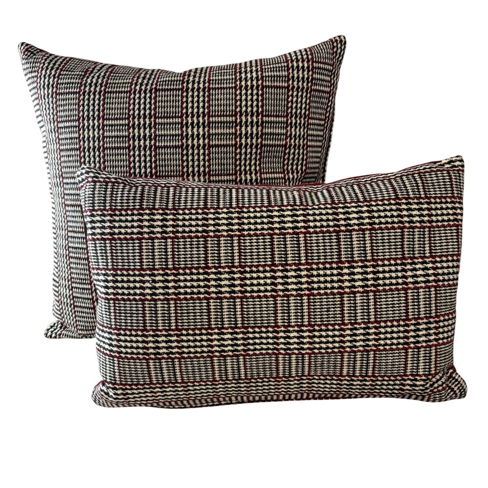 Natuzzi Italia Plaid Feather Filled Throw Pillows Set of 2 Red Black Made Italy - Picture 1 of 16